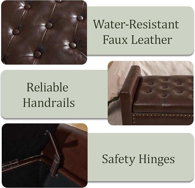 47'' Leather Storage Ottoman Bench, End of Bed Storage Bench with Wooden Legs, Upholstered Tufted Ottoman with Storage for Bedroom, Living Room, Entryway, Dark Brown
