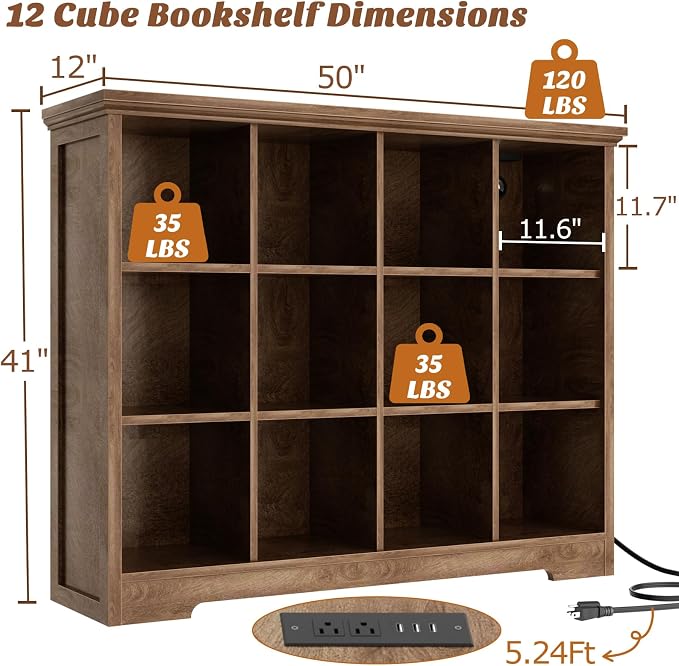 Aheaplus Wooden 12-Cube Storage Organizer with Charging Ports, Modern Cube Bookcase with Base, 4-Tier Floor Standing Open Cubbies Bookshelf, Cubicle Display Shelf for Home and Office, Cracked Oak