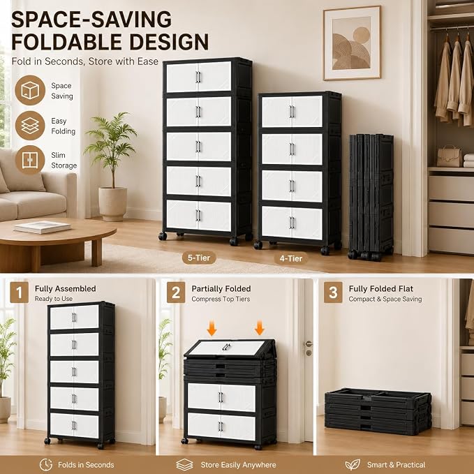 5 Tier Foldable Storage Cabinet with Top Lid, Tall Mobile PP Storage Organizer with Magnetic Doors and Wheels, Space-Saving Collapsible Organizer for Bedroom Living Room Kitchen Pantry Bathroom