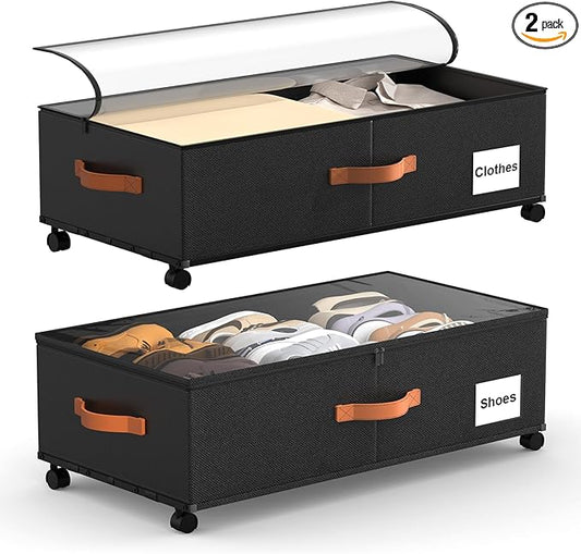 Eastherry Under Bed Storage Containers with Wheels, 9.5 inches Higher Underbed Shoes Blankets Clothes Toy Storage Drawers for College Dorms Bedrooms Nursery Rooms Organization, 2 Pack to be Assembled