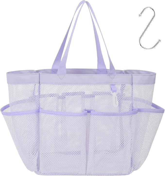 Mesh Shower Caddy Portable - 8 Pockets, S-Hook, Shower Bag for Dorm Camping | 2-Handle, Quick-Dry, Hanging Toiletry Organizer, College Dorm Room Essentials for Girls, Gym, Travel & Bathroom, Purple