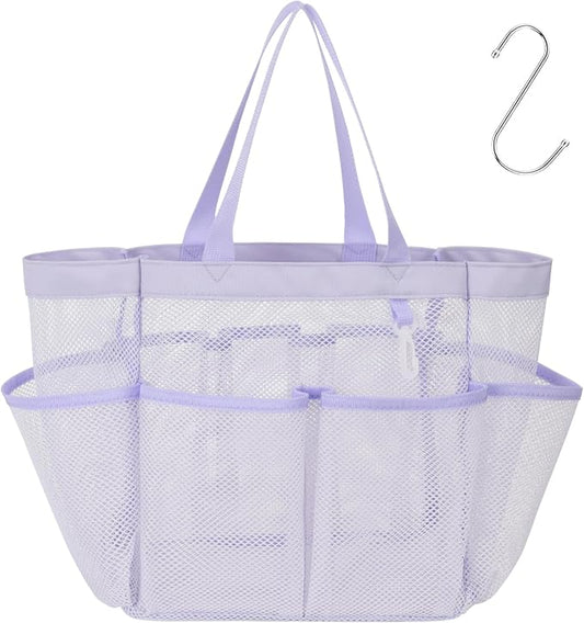 Mesh Shower Caddy Portable - 8 Pockets, S-Hook, Shower Bag for Dorm Camping | 2-Handle, Quick-Dry, Hanging Toiletry Organizer, College Dorm Room Essentials for Girls, Gym, Travel & Bathroom, Purple