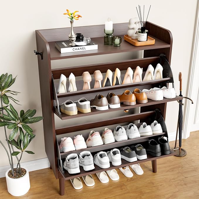 YZ HOME Shoe Storage Cabinet with 2 Flip Drawers | Entryway Shoe Cabinet, Metal Hooks & Adjustable Shelves, Freestanding Narrow Shoe Rack for Hallway Foyer, Brown