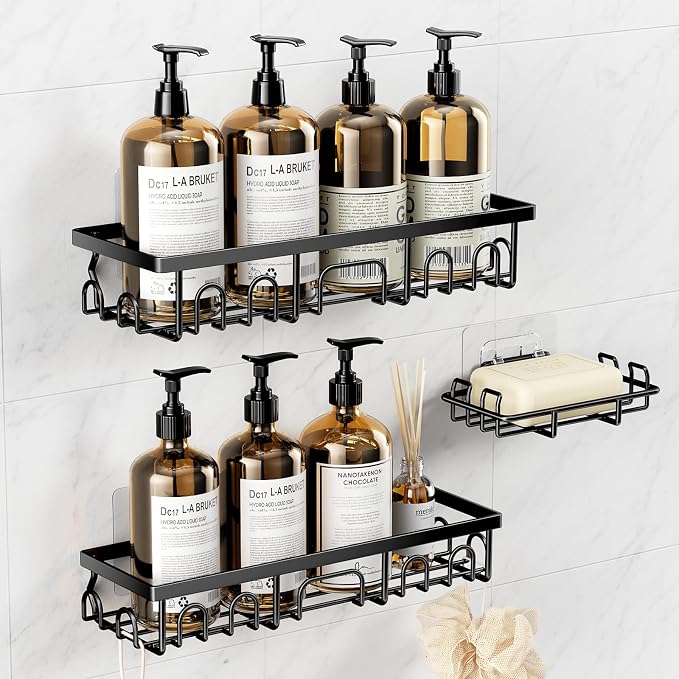 Shower Caddy, 3 Pack Shower Shelves for Inside Bathroom, Rustproof Adhesive Bathroom Organizer with Soap Holder, No Drilling Washroom Organizers and Storage for Bathtub Room/Kitchen/Home, Black