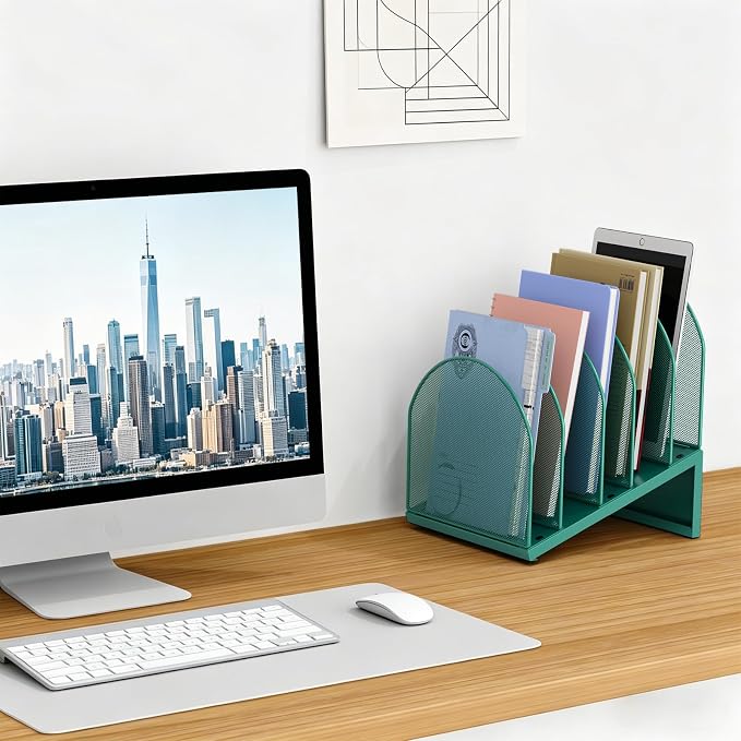 gianotter Desktop File Organizer, Desk Organizer with 5 Compartments, Paper Organizer for Desk, Workspace Organizers for Office Supplies (Green, Inclined Style)
