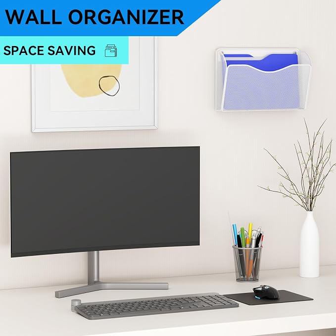 Single Pocket Wall File Holder, Mesh Hanging File Folder Paper Organizer, Vertical Wall Mounted Mail Basket, Storage Organization Magazine Rack for Office, Home and School, White