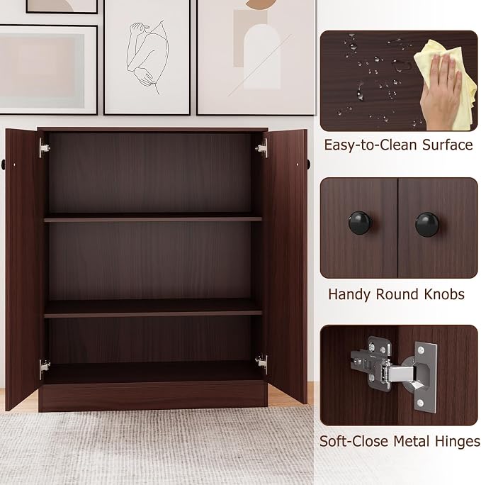Giantex 2 Door Storage Base Cabinet (Brown) | 3-Tier Base Cabinet with Non-Slip Foot Pads, Kitchen Cupboard Storage Organizer for Living Room, Hallway, Entryway, Office