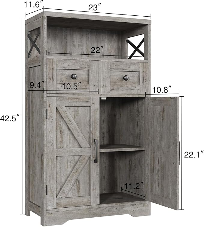 Farmhouse Storage Cabinet Set of 2, Small Kitchen Pantry Coffee Bar Cabinet | Accent Buffet Cabinet Cupboard, 2 Drawers, Barn Doors & Adjustable Shelves, for Kitchen/Entryway/Bathroom, Washed Gray