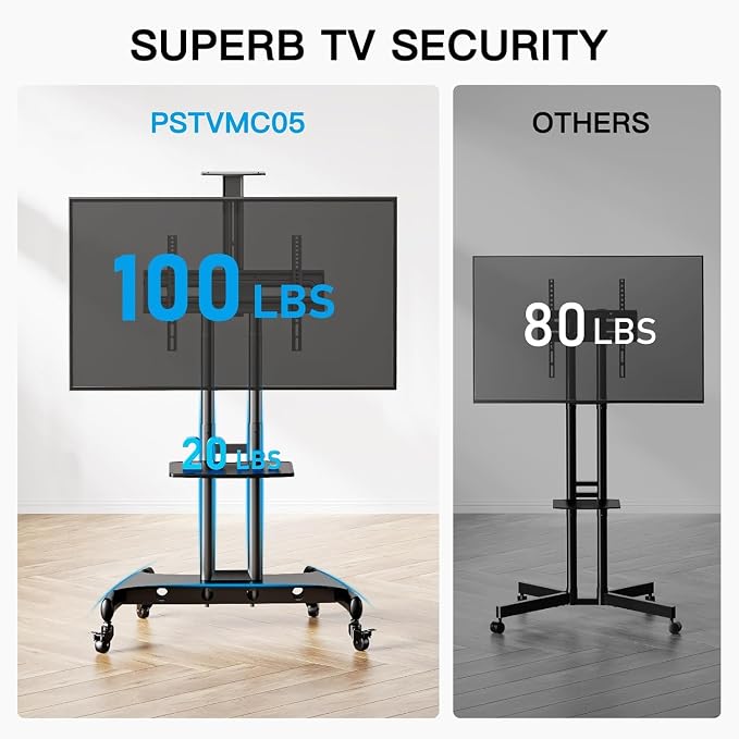 PERLESMITH Rolling TV Stand with Wheels for 32-85 Inch LCD LED 4K Flat Screen TVs, Tilt Mobile TV Cart with Shelf Holds Up to 100 lbs, Height Adjustable Floor TV Stand Max VESA 600x400mm- PSTVMC05