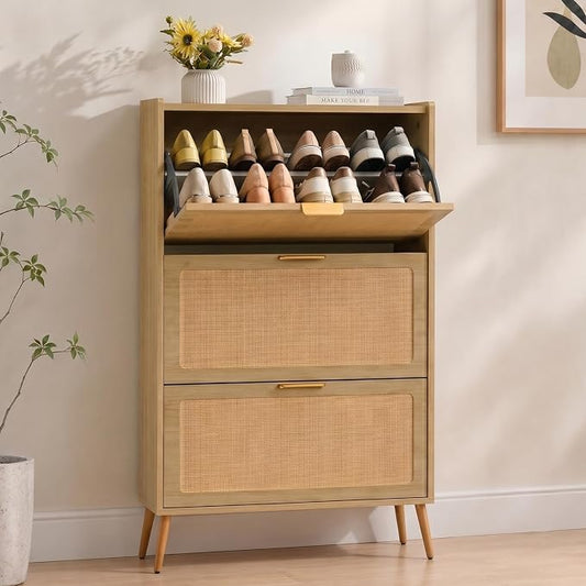 Shoe Cabinet, Rattan Shoe Storage Cabinet for Entryway with Flip Drawers | 3 Flip Drawers, Breathable Rattan, Odor Resistant, Hidden Shoe Organizer, Slim Space Saving, Narrow Cabinet, Entryway Storage