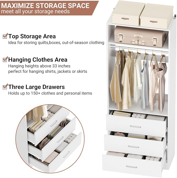 Besiost Closet System Set of 4, 8FT Closet Systems with 12 Wood Drawers, 96" Closet Organizer System with 4 Hanging Rods & 4 Shelves, Heavy Duty 96 Inch Walk-in Closet, White (96"L x 15" W x 80" H)