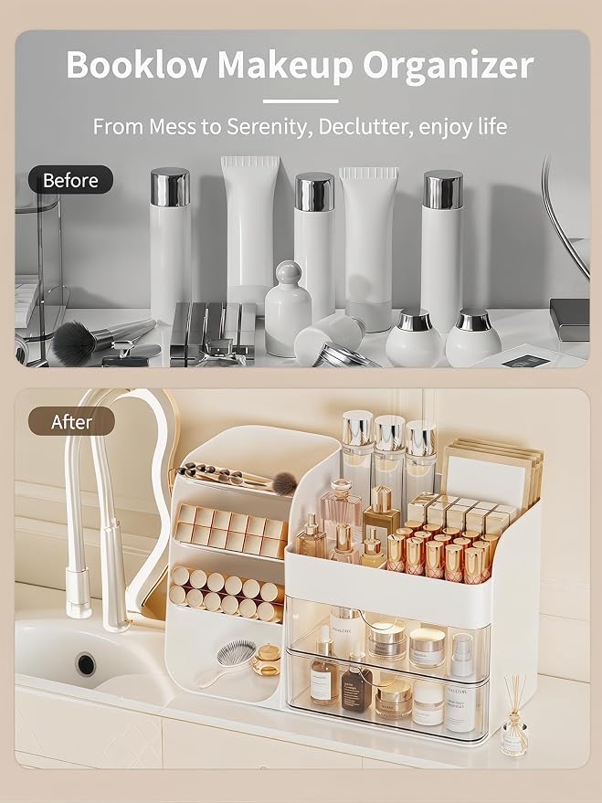 Booklov Small Makeup Organizer for Vanity Countertop, White | Clear Acrylic Cosmetic Display Case, Beauty Brush Holder for Bathroom Counter, Make Up Skincare Lipsticks Storage