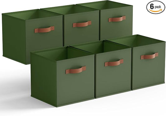 GRANNY SAYS Cube Storage Bins, 11 Inch Storage Cube Organizer, Collapsible Fabric Storage Cubes with PU Handles, Decorative Cube Storage Organizer for Shelves, Closet, Olive Green, 6-Pack