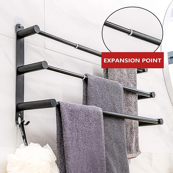 CAXIMSY Black Adjustable Towel Bar for Bathroom Wall Mount17-30.7inch Adhesive Shower Towel Rack Stainless Steel Bath Towel Holders for Toilet Kitchen Double Towel Hanger (Black 3 Bar)