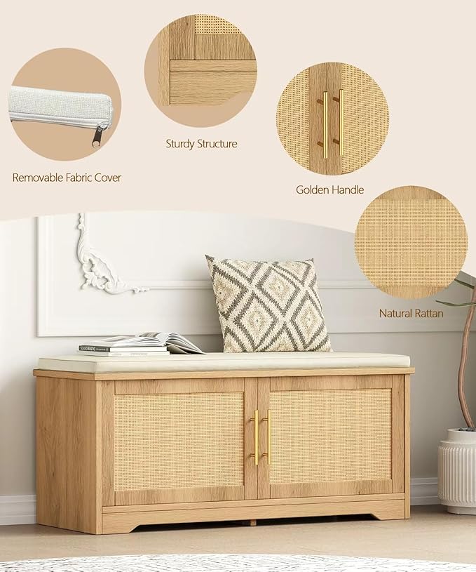 Rattan Shoe Storage Bench, 39.4" Wide Entryway Bench, Natural Oak | Hidden Shoe Organizer Cabinet with Cushion, Shoe Rack Bench with Adjustable Shelves, for Hallway Living Room, Natural Oak