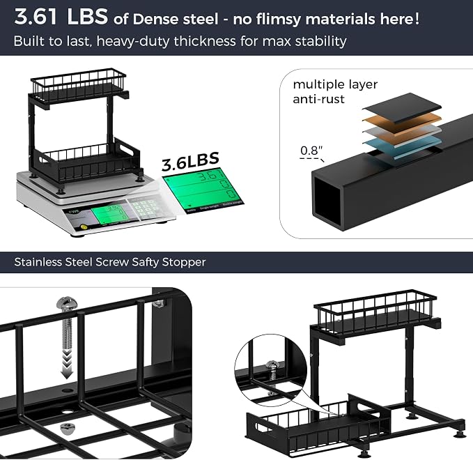 L-Shaped Under Sink Organizer, 2-Tier Pull-out Cabinet Rack 1-Pack | Black Height-Adjustable Metal Rack, Sliding Grid Drawers with Safety Stopper, Holds 100 Lbs, Ideal Kitchen Cabinet Storage
