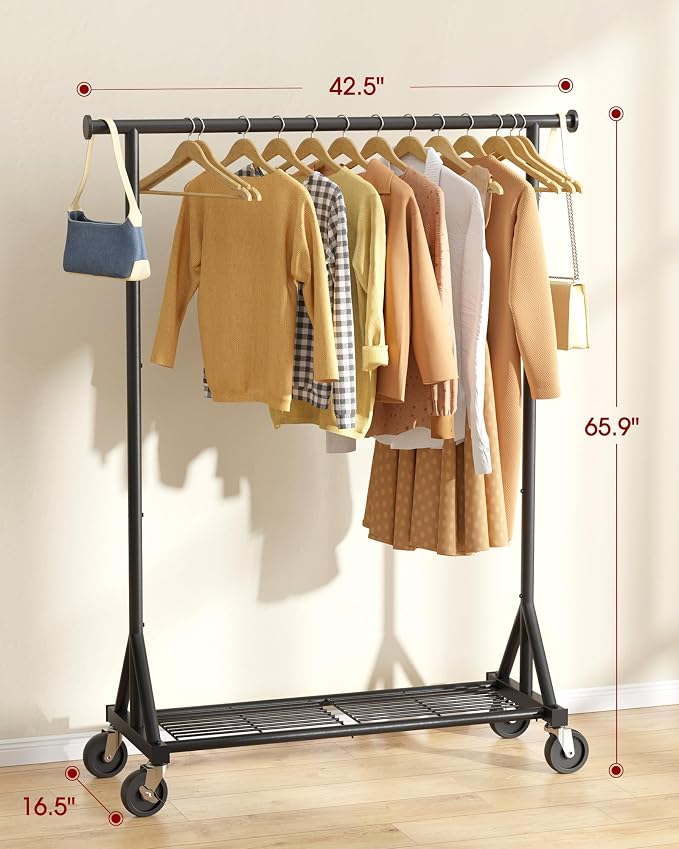 Sakugi Heavy Duty Stainless Steel Rolling Clothes Rack with Mesh Shelf, Lockable Wheels & Anti-Slip Stoppers, Large Capacity Clothing Organizer for Bedroom, Laundry Room, 42.5" x 16.5" x 65.9", Black