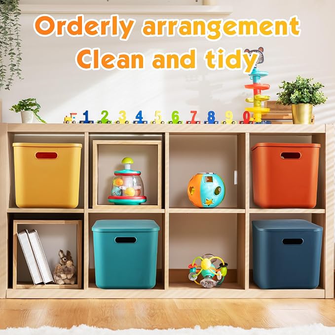 8 Pieces Colorful Storage Bins with Lid, Plastic Storage Basket Organizing Container Stackable Box with Handle for Shelves Desktop Playroom Office(14.2 x 10.2 x 9.5 Inch,Multi-colored)