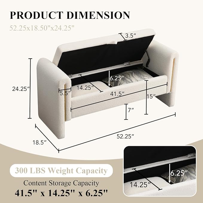 Storage Ottoman Bench, End of Bed Bench with Pull-Ring | 52" Teddy Upholstered, Window Bench with Armrest, Generous Storage, Safety Hinge, Holds 300 LBS, for Bedroom, Cream