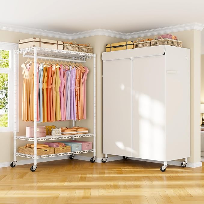 P6C Plus Rolling Clothes Rack with Cover, Covered Clothing Rack | Portable Closets for Hanging Clothes, Heavy Duty Garment Rack on Wheels, White Closet Rack with White Cover, Max Load 375LBS
