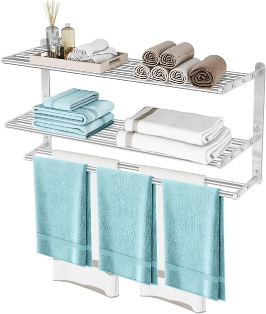 3 Tier Towel Racks for Bathroom Wall Mounted, 32 inch Bathroom Shelf with Towel Bar, Brushed Nickel Shelves for Towels, Stainless Steel Modern Silver Multi Holder