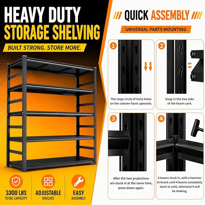 Garage Shelving, Heavy Duty Storage Shelves, Adjustable Boltless Units | Metal Shelving with Double Layer Posts, Industrial Steel Shelving for Garage Basement Warehouse Kitchen, Black, 72H*36W*16D