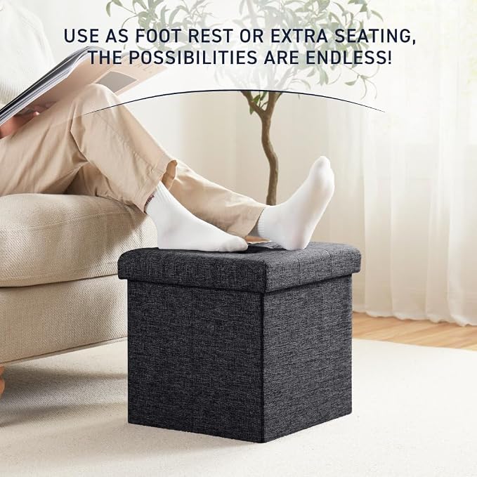 Ornavo Home 15 Inch Folding Storage Ottoman Cube, Tufted Linen, Black | Upholstered Cube with Lid; Foot Rest Stool; Ideal for Bedroom, Living Room or Entryway