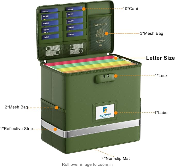 Fireproof File Box with Lock, Collapsible Document Organizer, Green | Suitable for Hanging Folders in Letter Size, Reflective Strip for Fast Find, Home Office Safe Protection,12.2"x6"x10.2"