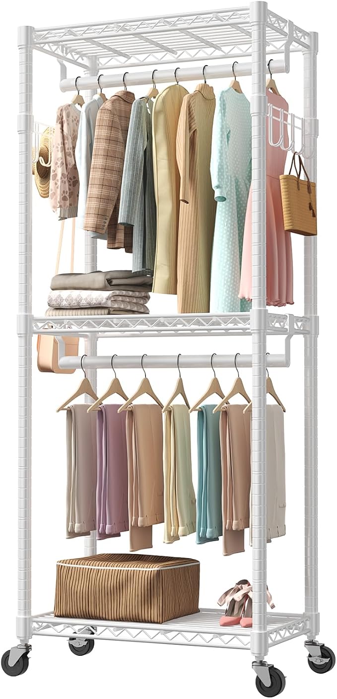 OLIXIS Clothes Rack Heavy Duty Adjustable Garment Clothing Rack with Wheels, Rolling Metal Freestanding Closet Organizer for Hanging Clothes with 2 Side Hooks, Double Rods, 29.5"x15.7"x75.6", White