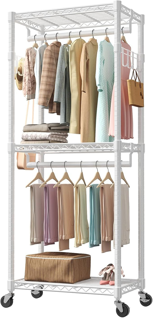 OLIXIS Clothes Rack Heavy Duty Adjustable Garment Clothing Rack with Wheels, Rolling Metal Freestanding Closet Organizer for Hanging Clothes with 2 Side Hooks, Double Rods, 29.5"x15.7"x75.6", White