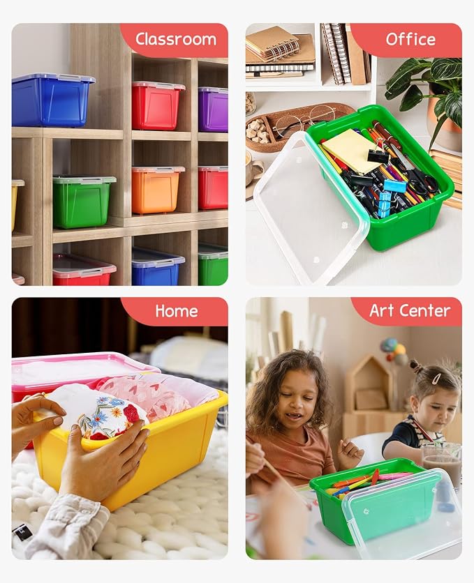 GAMENOTE 6 Quart Stackable Plastic Storage Bins with Lids,12 Pack, Colorful | Stackable 6-quart bins with lids organize classroom supplies, crafts, toys and building blocks for Classroom & Kids Toy