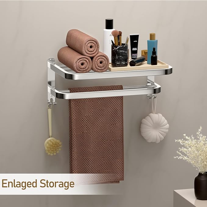 15 Inch Bathroom Towel Rack Towel Shelf with Double Towel Bars Lavatory Wall Mount Holder with Hooks Stainless Steel Hotel Bath Rack