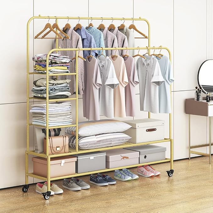 SUOERNUO Clothes Rack with Lockable Wheels Double Rods Metal Garment Racks | Portable Heavy-Duty Clothing Rack with Bottom, Rolling Clothes Shelves for Bedroom Laundry Living Room, Gold