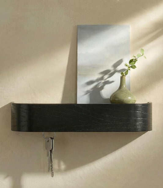 Kazai. Key Holder 'Toke' | Minimalist Key Hook Design from Berlin | Modern Key Holder Wall Mount with Wooden Shelf | Key Rack for Wall as Entryway Organizer | Oak, Black