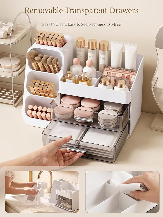 Booklov Large Makeup Organizer for Vanity Countertop, White | Clear Acrylic Cosmetic Display Case, Beauty Brush Holder for Bathroom Counter, Make Up Skincare Lipsticks Storage