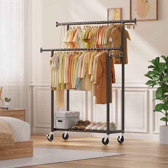 Simple Trending Clothes Rack, Double Rods Clothing Rack with Shelf, Black | Metal Garment Rack, Portable Wardrobe Closet, 360° Lockable Wheels, Multifunctional Use, Bedroom, Laundry Room