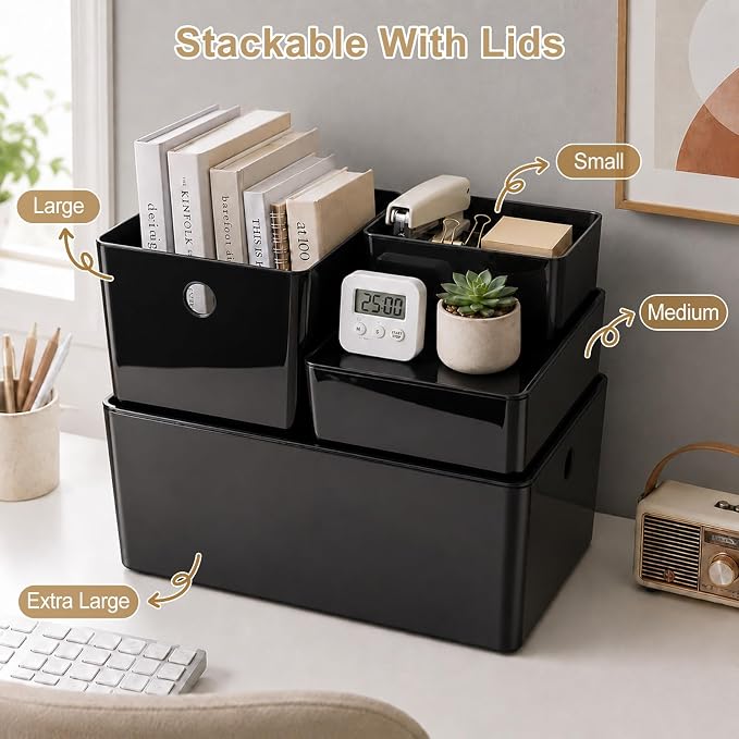 Soddeph 4 Pack Thick Plastic Storage Box with Lid, Durable Stackable Storage Bins, Hard Plastic Organizer Baskets for Home Office,Storage Containers.10.2" x 7" x 3.1" (Black with Lid)