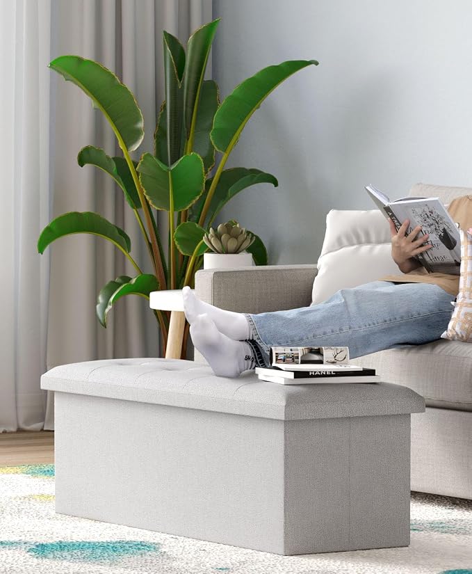 Folding Storage Ottoman Bench, Light Gray, 43 Inches | Multi-Functional Ottoman Foot Rest, End of Bed Bench, Storage Chest, Living Room, Bedroom, Hallway, Entryway, 600 lb Capacity