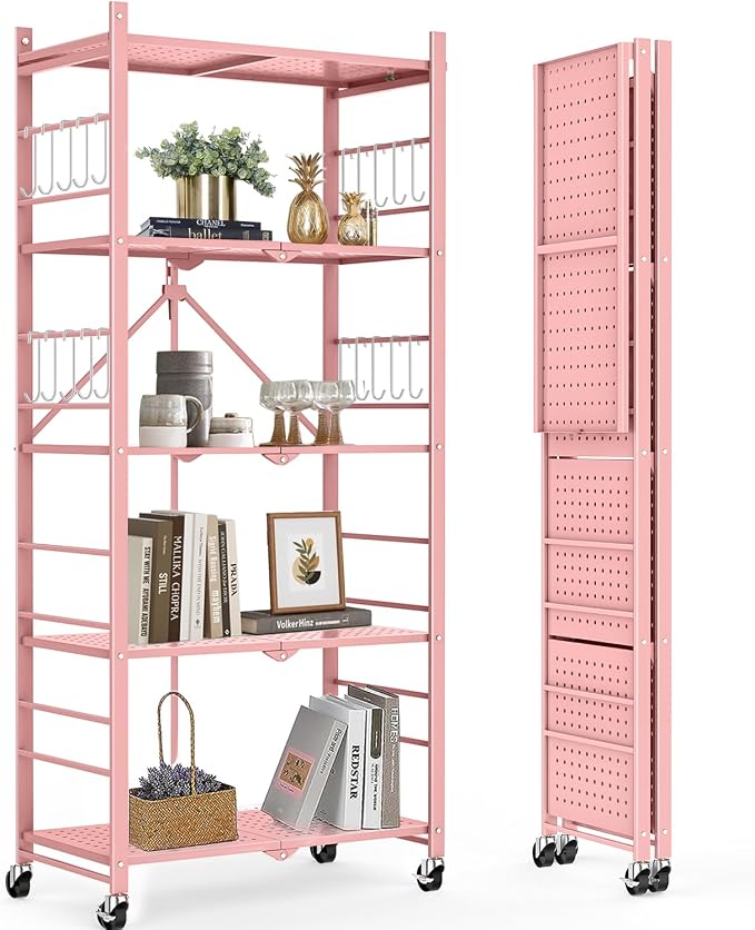 Himix Storage Shelves with 20 Hooks, 5-Tier Foldable Shelves for Storage, Folding Shelf Unit Pantry Shelves with Wheels, Standing Shelving Unit for Kitchen Garage Home Office Room Greenhouse, Pink