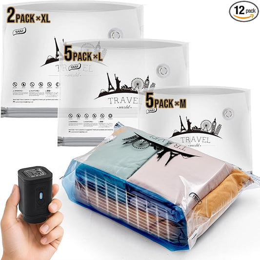 TAILI Vacuum Storage Bags with Electric Pump, 12 Pack(5M+5L+2XL) | Vacuum Seal Bags for Clothing, Beddings, Blankets, Compression Packing Cube for Travel and Closet Organization
