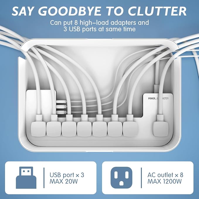 Power Strips with Cable Management Box, Surge Protector, White | Cord Organizer with 8 Outlets 3 USB Ports Switch Control, 6.6 ft Plug Extension Cord, Charging Station for Dorm, Office, Home