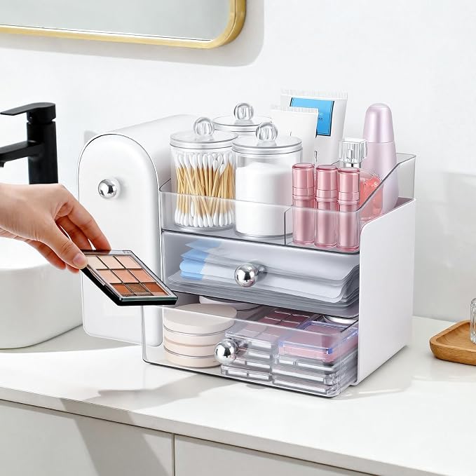 Makeup Organizer,Vanity Organizer with Makeup Brush Holder,White | Waterproof,Dustproof,Clear Drawer,Large Capacity,Storage Lipstick,Perfumes,Skincare for Dresser,Bathroom Countertop,Desk,Gift