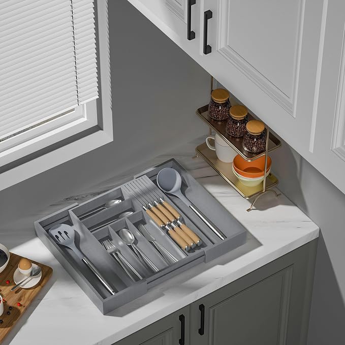 Expandable Bamboo Silverware Drawer Organizer Kitchen Tray, Grey | Removable Knife Block, Holds 7 Knives, Adjustable Dividers, 12.6-21.45 x 16.3 x 2.13 in, Drawer Insert for Utensils, Forks