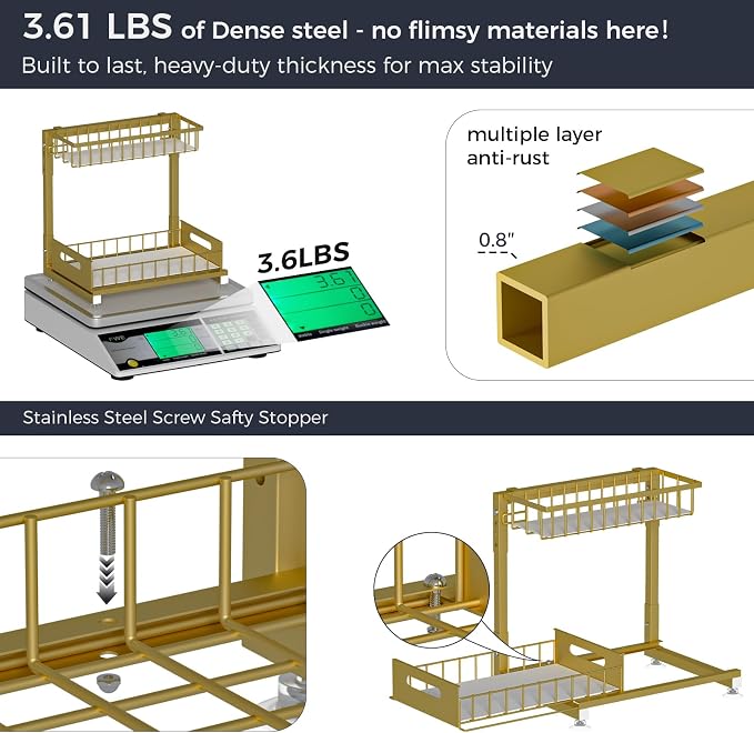 L-Shaped Under Sink Organizer, 2-Tier Pull-out Cabinet Rack 1-Pack | Gold Height-Adjustable Steel Rack, Sliding Grid Drawers with PP Liners, Holds 100 Lbs, Suction Base, Ideal Kitchen Storage