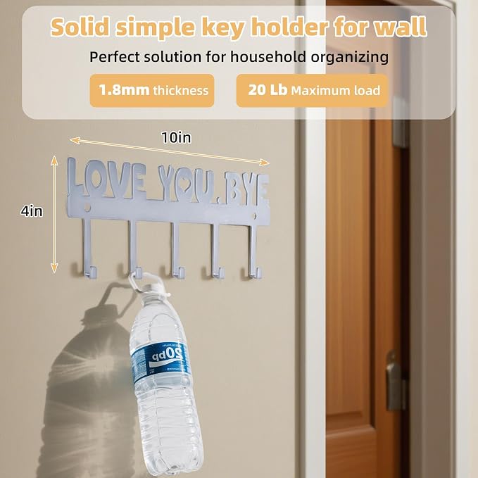 5-Hook Adhesive Wall Mount Key Holder, Silver | No-Drill Easy Install, For Door, Kitchen, Entryway, 10x4 Inches