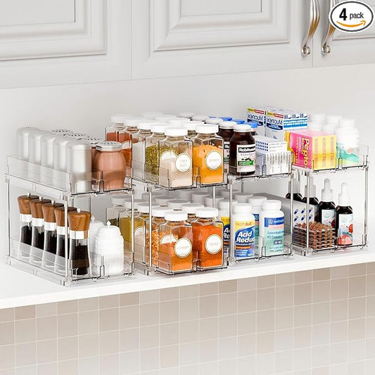2 Tier Sliding Spice Racks for Cabinets,4 Pack 10.4'' Deep Narrow Vertical Spice Rack Pull Out for Inside Cabinets,Kitchen,Pantry,Cupboard Seasoning,Jar Organizer and Medicine Cabinet Storage