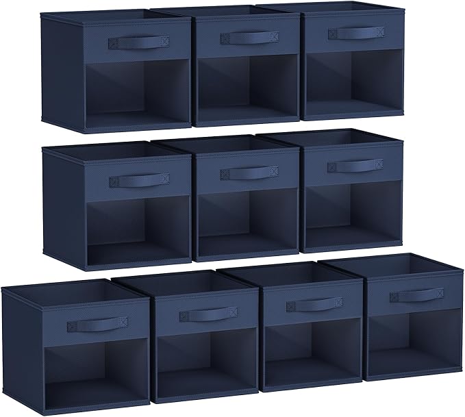 DIMJ Storage Cubes, Cube Storage Bin, 10 Pack Foldable Baskets with Window, Closet Storage Bins with Handle, 11x 11 inch Storage Cubes for Clothes, Toys, Books (Navy Blue)