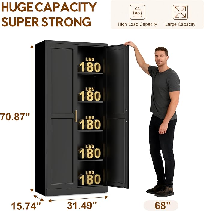 UNICOLY 71" Kitchen Pantry Cabinet, Metal Pantry Storage Cabinet with Doors | Tall Storage Cabinet with 4 Shelves, Black Storage Cabinets for Kitchens, Living Room, Dinning Room, Assembly Required