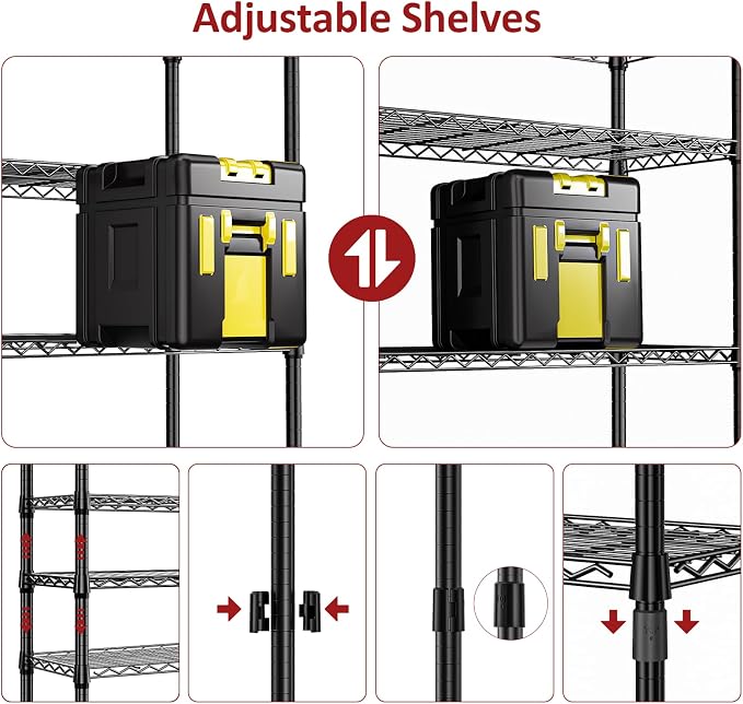 IZEUK 5 Tier Black Metal Storage Shelves, Heavy Duty Adjustable Wire Shelving Rack for Garage, Kitchen, Bathroom, Closet Organizer, 1250 lbs Capacity, 15.7" D x 33.5" W x 68.5" H