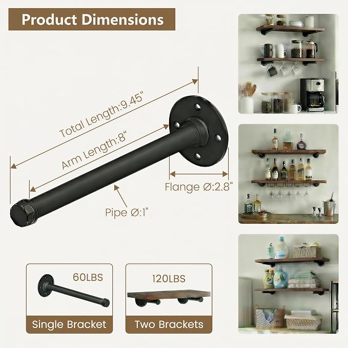 Industrial Black Iron Pipe Shelf Brackets Wall Mount DIY Shelving Brackets Pipe Decor Wall Rustic Garment Rack Hardware Included, 8 Inch Set of 6
